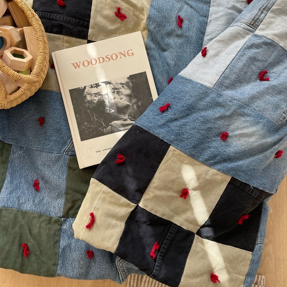 Vintage Upcycled Denim Quilt 80x80 Patchwork Plaid Flannel Back Americana